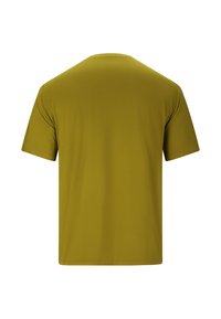Solide olijfgroen atletisch T-shirt met korte mouwen, getoond vanaf de achterkant, met een ronde halslijn en een gladde stoftextuur.