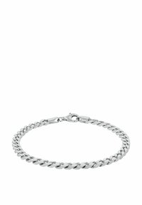 Pulsera de cadena de plata con eslabones planos interconectados y cierre de langosta. Textura suave con un acabado pulido.