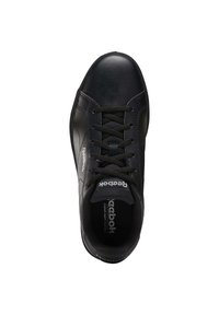 Black leather sneaker with lace-up closure, textured upper, prominent branding, and a padded collar for comfort. Flexible rubber sole.