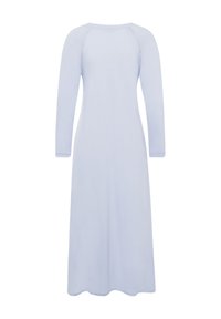 Abito azzurro chiaro a maniche lunghe con scollo rotondo, realizzato in tessuto morbido. Presenta una silhouette fluida e una superficie liscia e semplice.