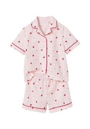 Hellrosa kurzärmliges Pyjama-Set mit Knöpfen, rotem Erdbeermuster, roter Paspelierung und passenden Shorts mit elastischem Bund.
