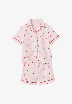 Light pink short-sleeve button-up pajama set with red strawberry print, red piping trim, and matching elastic waist shorts.