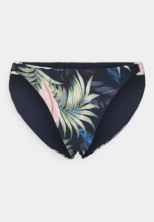 Parte de baixo de biquíni preta com estampa de folhas tropicais em verde, rosa e azul. Apresenta painéis laterais contrastantes e detalhes de hardware simples.