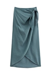 Wrap skirt in teal fabric, featuring a tie detail at the waist and a draped, asymmetrical hem. Smooth texture with a subtle crinkle.