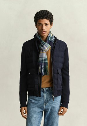 Junger Mann mit lockigem Haar, der eine dunkelblaue gesteppte Jacke, einen braunen Pullover, blaue Jeans und einen grünen karierten Schal trägt, steht vor einem hellen Hintergrund.