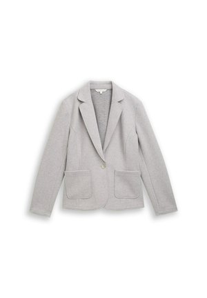 Light gray single-button blazer with notch lapels, long sleeves, and two front patch pockets, laid flat on a white surface.