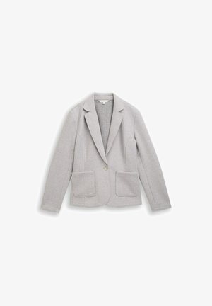 Light gray single-button blazer with notch lapels, long sleeves, and two front patch pockets, laid flat on a white surface.