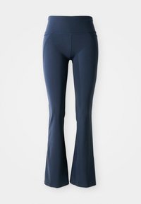Navyblaue, ausgestellt geschnittene Yoga-Hosen mit hohem Bund, aus glattem Stretchstoff, mit Nahtdetails entlang der Seiten.