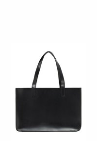 Crna pravokutna kožna torba s dvije naramenice, glatke teksture i minimalističkog dizajna na bijeloj pozadini.