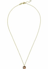 Halskette mit goldfarbener Kette und einem quadratischen, facettierten braunen Steinanhänger. Die Kette verfügt über einen Karabinerverschluss und eine verstellbare Länge.