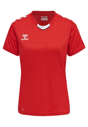 Rotes Sporttrikot aus leichtem Stoff. Mit V-Ausschnitt, kurzen Ärmeln und klassischer Passform. Logo auf der linken Brust und gemusterte Akzente.