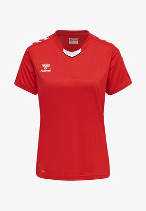 Rotes Sporttrikot aus leichtem Stoff. Mit V-Ausschnitt, kurzen Ärmeln und klassischer Passform. Logo auf der linken Brust und gemusterte Akzente.