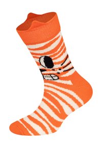 Orange socks featuring white stripes, a cat face design, and a ribbed top. Made of a soft, stretchable material.