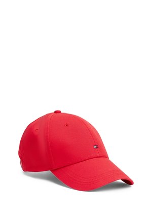 Red baseball cap with curved brim and small rectangular logo on front, set against a white background.