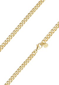 Guldfärgad metallkedja med sammanlänkade länkar, med en kräftklämma och en liten berlockpendel. Slät yta och glänsande finish.