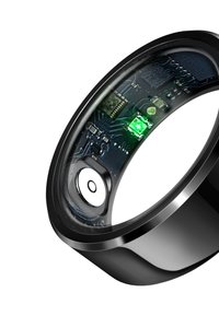 Zwarte ring met een transparant gedeelte dat groene schakelingen en een sensor onthult. Gladde, metalen afwerking met afgeronde randen.