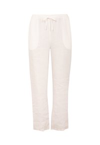 Lichte linnen broek in off-white met een elastische tailleband en een trekkoord. Voorzien van twee grote zakken aan de voorkant voor praktische doeleinden.