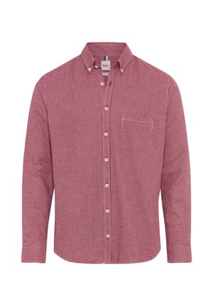 Camicia a maniche lunghe da uomo rossa e bianca a piccoli quadretti, con taschino frontale e colletto a bottoni.