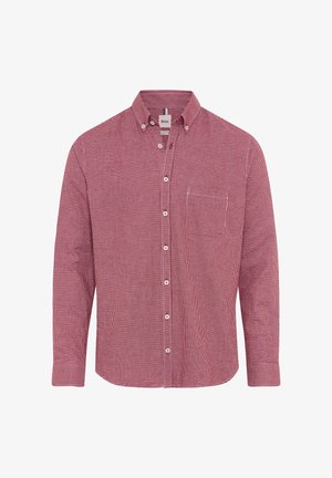 Camicia a maniche lunghe da uomo rossa e bianca a piccoli quadretti, con taschino frontale e colletto a bottoni.