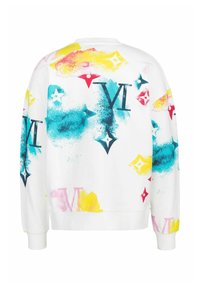 Witte sweatshirt met meerkleurige spetters in blauw, geel, roze en rood, met opvallende LV-logo's in verschillende kleuren.