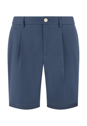 Pantaloncini su misura blu con passanti per cintura, tasche laterali, chiusura frontale con bottoni e design a vita piatta.