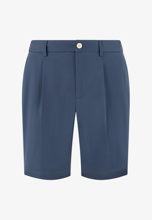 Shorts bleu cintrés avec passants de ceinture, poches latérales, fermeture à bouton devant et design plat à l'avant.