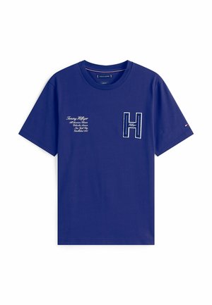 Marineblaues Baumwoll-T-Shirt mit gesticktem 'H' und bedruckten Logodetails auf der Vorderseite. Klassischer Rundhalsausschnitt und kurze Ärmel.