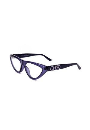 Occhiali da vista viola scuro a forma di occhio di gatto con lenti trasparenti e logo decorativo scintillante sulle aste, posati su sfondo bianco.