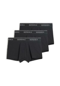 Schwarze Boxershorts aus Baumwolle mit einem dehnbaren Bund, auf dem das 'BERSHKA'-Logo in Grau zu sehen ist. Drei Paare sind zusammen präsentiert.