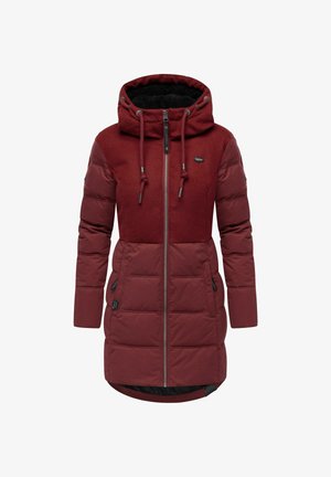 Red jacket featuring a zip front, hood with drawstrings, and a mix of padded and wool-like fabric textures. Includes side pockets.