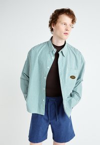 Grøn- og hvidstribet button-up skjorte, letvægtsstof, løs pasform, parret med marineblå shorts med snoretræk i taljen.