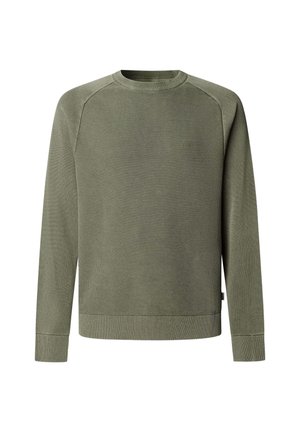 Alyvuogių žalios spalvos džemperis su tekstūruota apdaila, ribotais rankogaliais ir apačia, apvalia apykakle bei raglano tipo rankovėmis. Priekyje subtilus logotipo detalė.