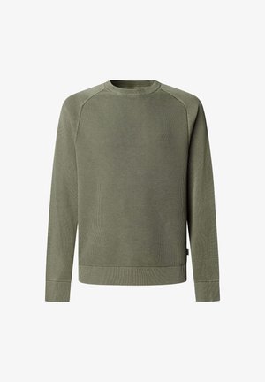 Rohelise oliivitooniga pusa tekstuurse viimistlusega, soonikkoes mansettide ja äärega, ümmarguse kaelusega ning raglaanvarrukatega. Ees on peen logo.