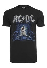 Sort bomulds t-shirt med et grafisk print af en guitarist med lynstænger og teksten "AC/DC Ballbreaker" i blå. Korte ærmer, rund hals.