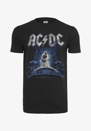 Juodas medvilnės marškinėlis su grafiniu atvaizdu, vaizduojančiu gitaristą su žaibais ir mėlynu tekstu "AC/DC Ballbreaker". Trumpomis rankovėmis, apvaliu kaklu.