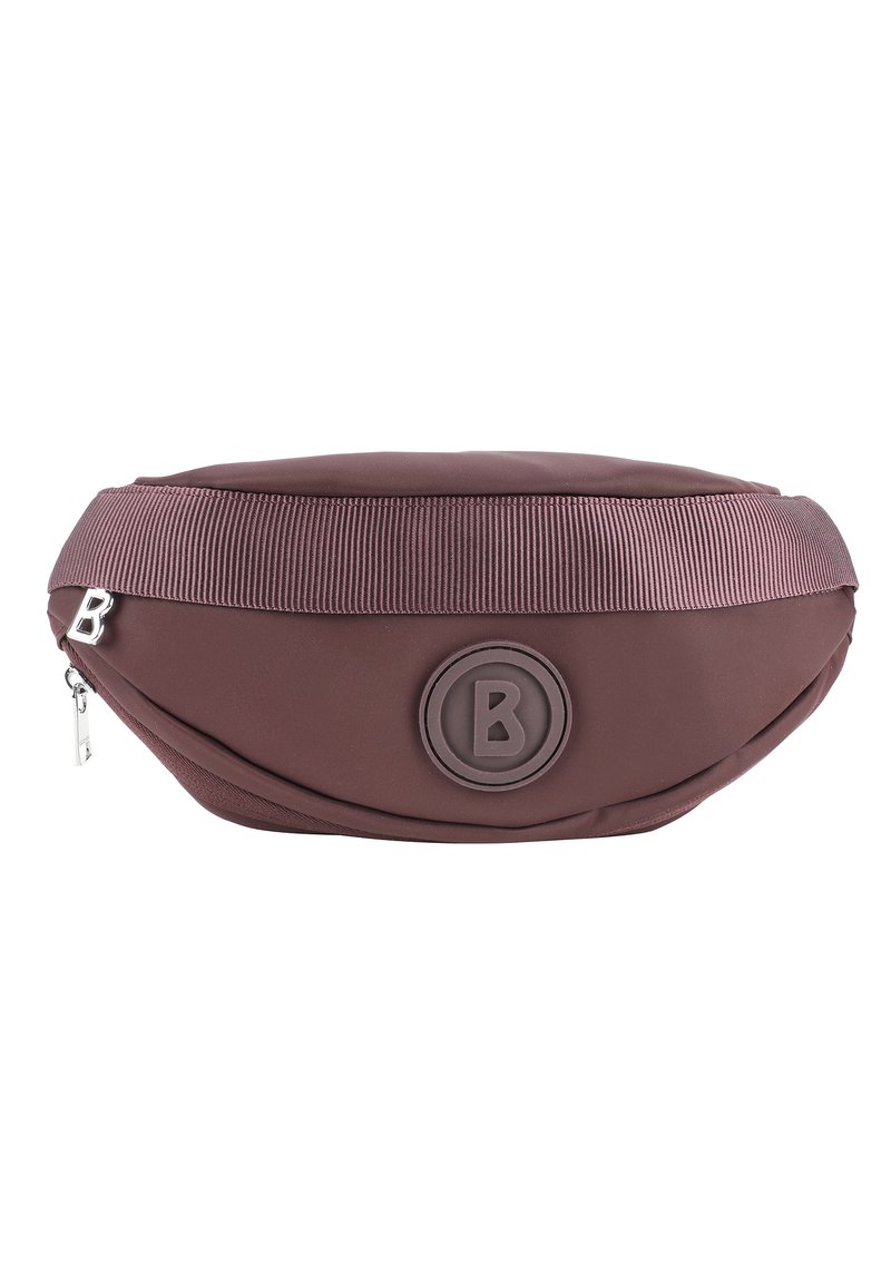 Hnědý, zaoblený ledvinka vyrobený z hladkého materiálu. Obsahuje strukturovaný žebrovaný okraj a kruhové logo. Na straně má zip pro uzavření.