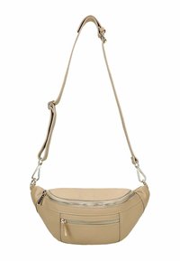 Borsa a tracolla in pelle beige con tracolla regolabile, chiusura con zip superiore e tasca frontale con zip; texture liscia e forma arrotondata.