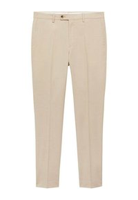 Beige tailored trousers with front pockets, a single button closure, and a smooth texture. Straight leg design with no patterns or accents.