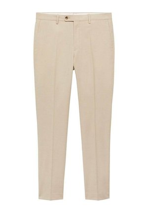 Beige tailored trousers with front pockets, a single button closure, and a smooth texture. Straight leg design with no patterns or accents.