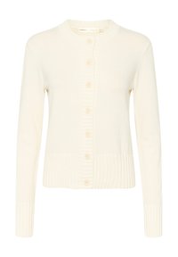 Pletený kardigan v barvě slonové kosti, s žebrovaným lemem a manžetami, kulatým výstřihem a šesti předními knoflíky s texturovanou légu.