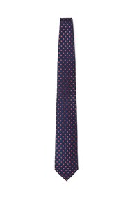 Marineblauwe stropdas met een herhalend rood sterrenpatroon, gemaakt van soepele stof met een slanke vorm en een puntige punt.