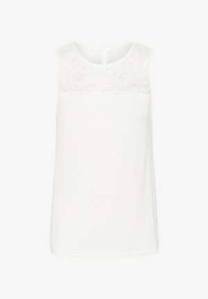 Valge sansletteline top, mille kaeluses on pitspaneel ja seljas avatud lõikega detail. Sile materjal ja lõdvestunud istuvus.