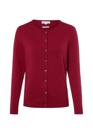 Roter, zum Knöpfen geeigneter Cardigan mit langen Ärmeln, rundem Ausschnitt sowie gerippten Bündchen und Saum.