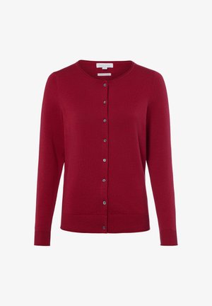Roter, zum Knöpfen geeigneter Cardigan mit langen Ärmeln, rundem Ausschnitt sowie gerippten Bündchen und Saum.
