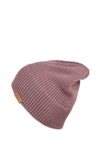 Pink knitted beanie hat with a ribbed texture, slouchy design, and a small brown leather label on the side.