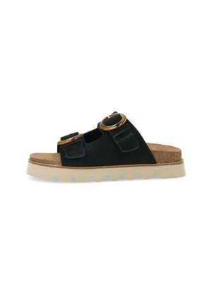 Sandali a scorrimento in suede nero con due grandi fibbie in tono oro, soletta in sughero e una suola in gomma bianca a coste e sagomata.