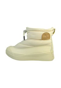 Cremfarbene wasserfeste Knöchelstiefel mit gepolstertem Schaft und einer strukturierten Gummisohle. Verfügen über einen Kordelzugverschluss und ein braunes Logo-Detail.