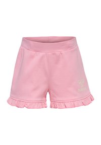 Rosa bomullsshorts med volangkant. Har ett elastiskt midjeband och en liten vit logotyp. Mjuk tyg med en slät yta.