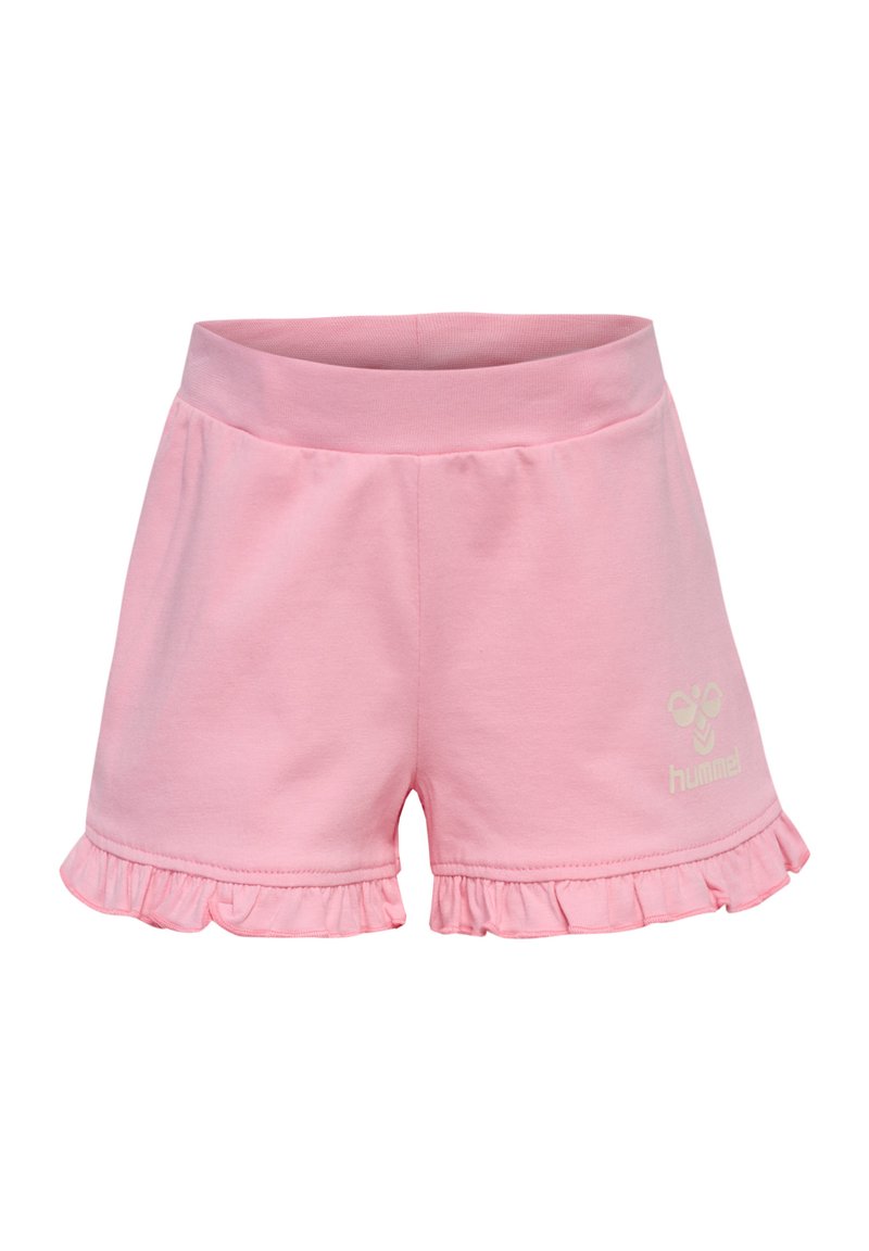 Rosa bomullsshorts med volangkant. Har ett elastiskt midjeband och en liten vit logotyp. Mjuk tyg med en slät yta.