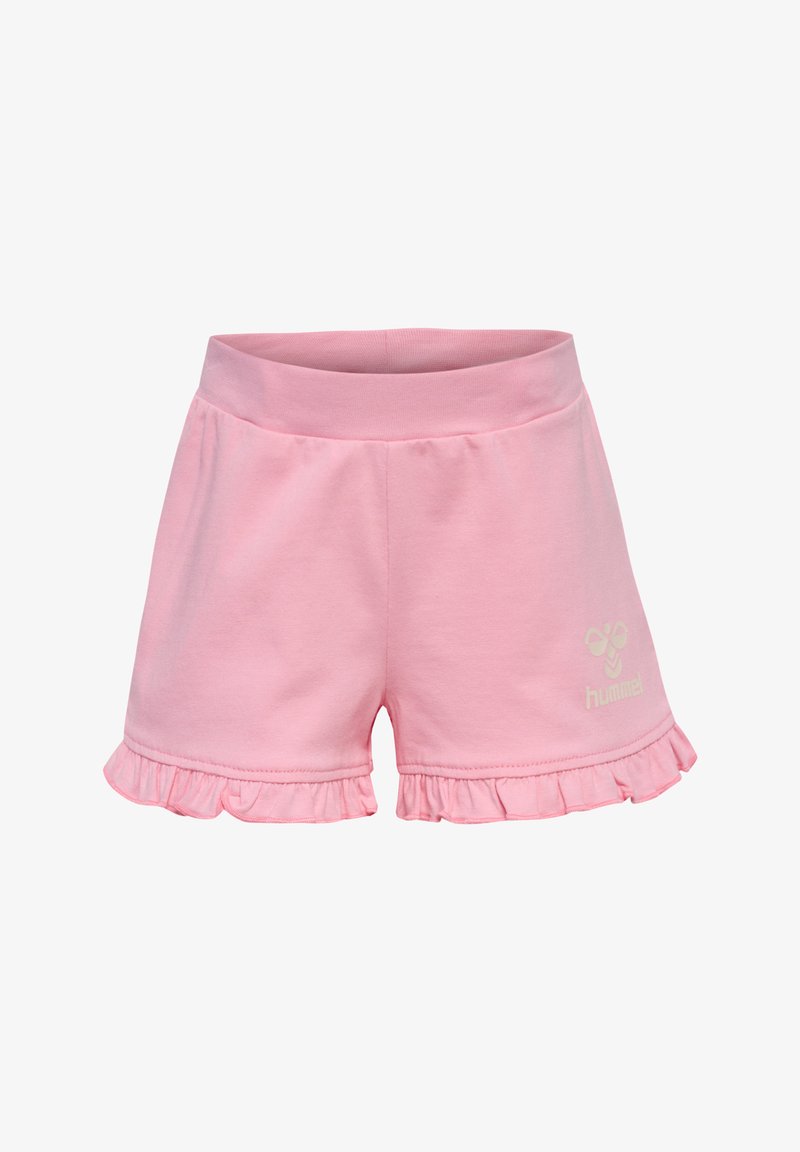 Rosa bomullsshorts med volangkant. Har ett elastiskt midjeband och en liten vit logotyp. Mjuk tyg med en slät yta.